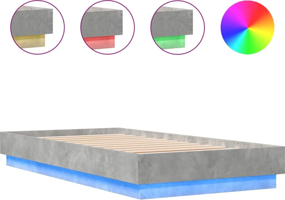 vidaXL betonszürke ágykeret LED-világítással 75x190 cm