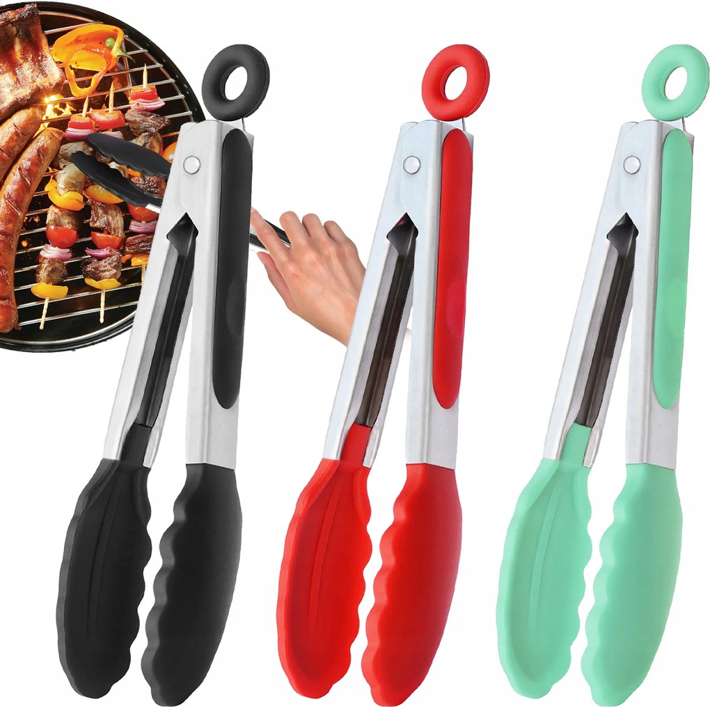 3X Konyhai Fogó szilikon húshoz rozsdamentes acél hosszú 27 cm