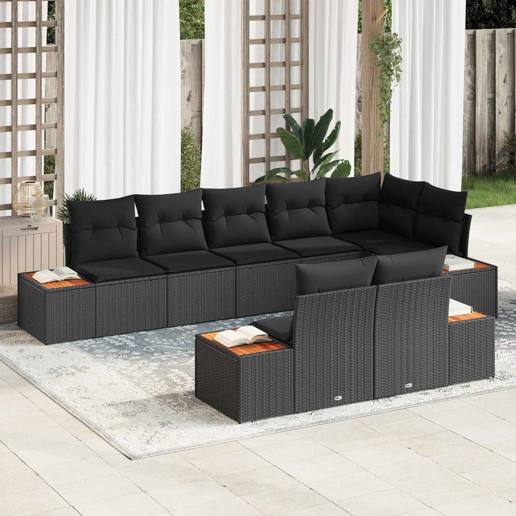 vidaXL Kerti Kanapé Szett párnával tárolóval 8 pcs Fekete Polyrattan