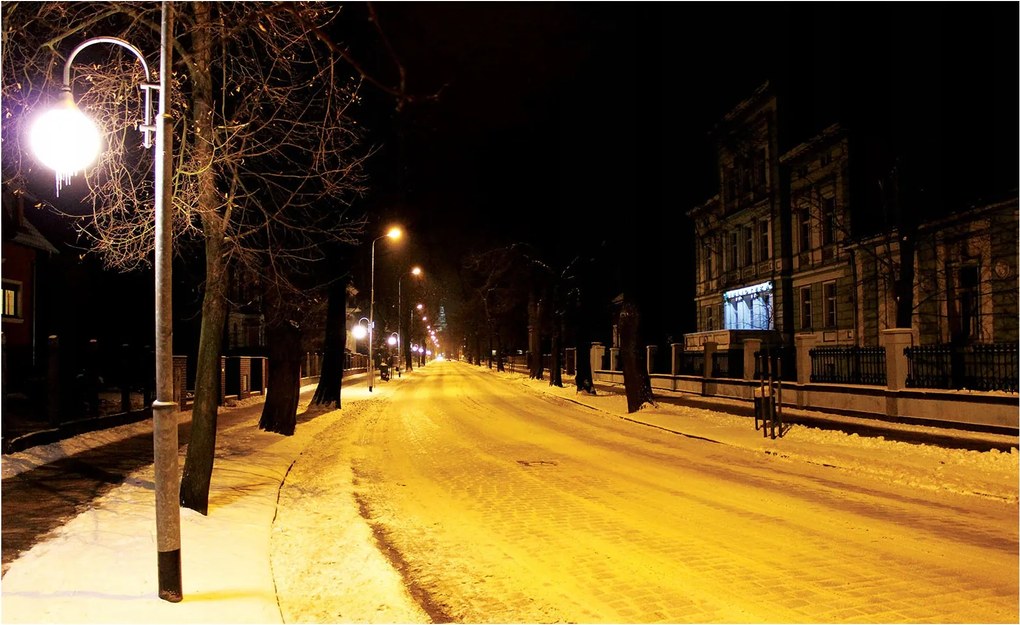 Fotótapéta Téli utca éjszaka hó lámpák fák vinil 368x254 +ragasztó