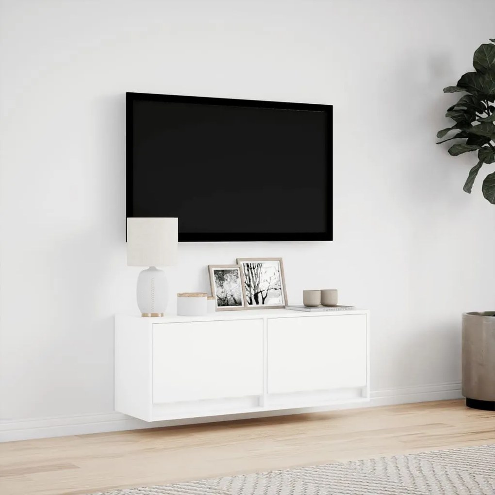 fehér falra szerelhető TV-szekrény LED-lámpákkal 100x31x35 cm