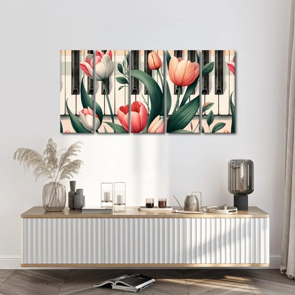 5 részes kép zongora és tulipánok virágszimfóniában