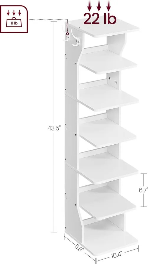 7 szintes keskeny cipőtartó állvány akasztókkal, fehér