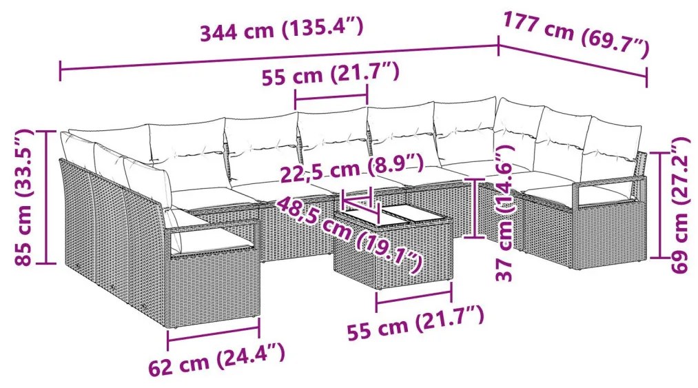 Kanapé Szett párnával 11 pcs Fekete polirattan