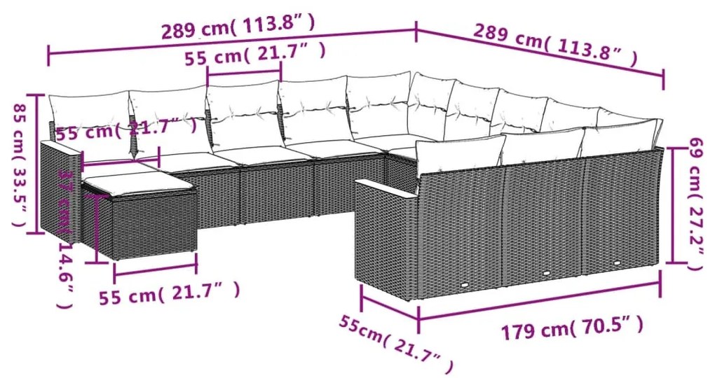 12 részes fekete polyrattan kerti ülőgarnitúra párnákkal