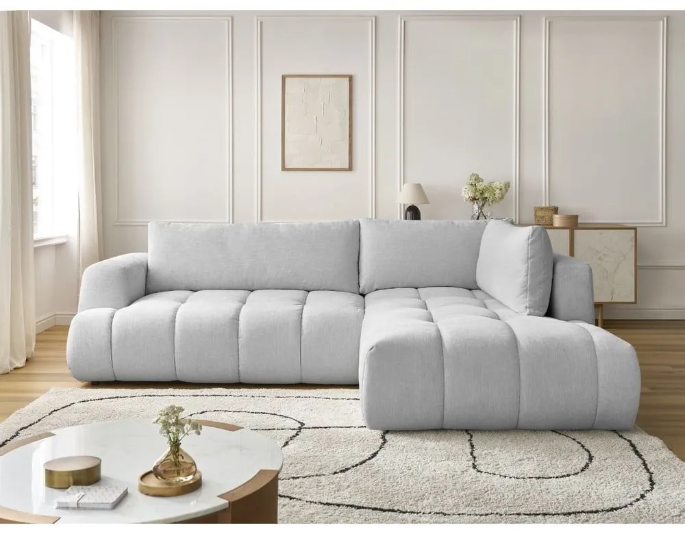 Világosszürke kinyitható-tárolóhelyes sarokkanapé (jobb oldali-L alakú) Fuji – Bobochic Paris