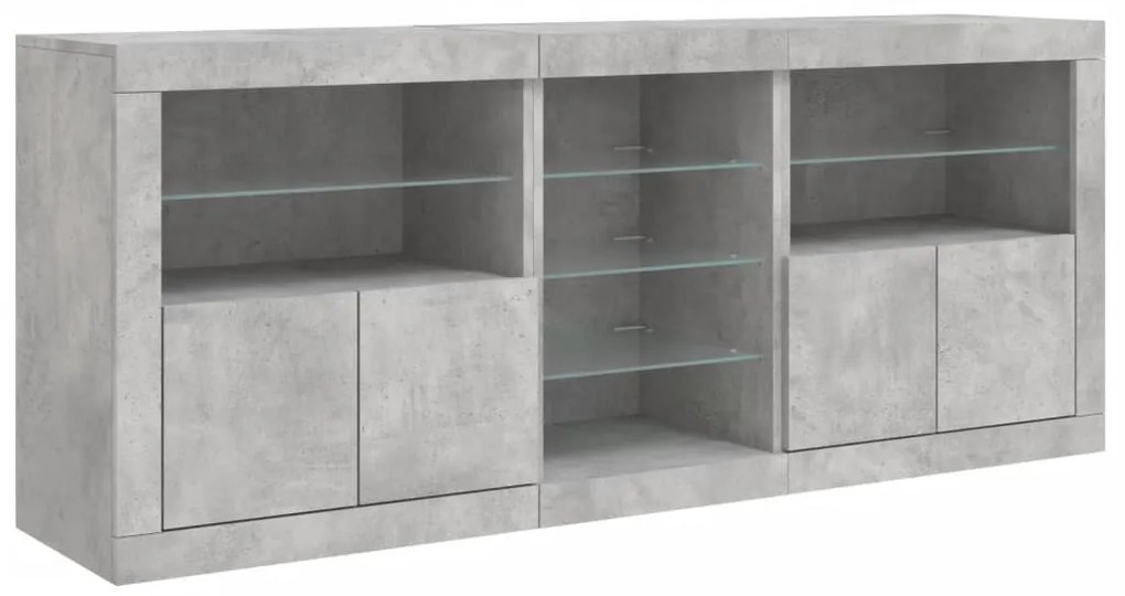 betonszürke tálalószekrény LED-világítással 181,5x37x67 cm