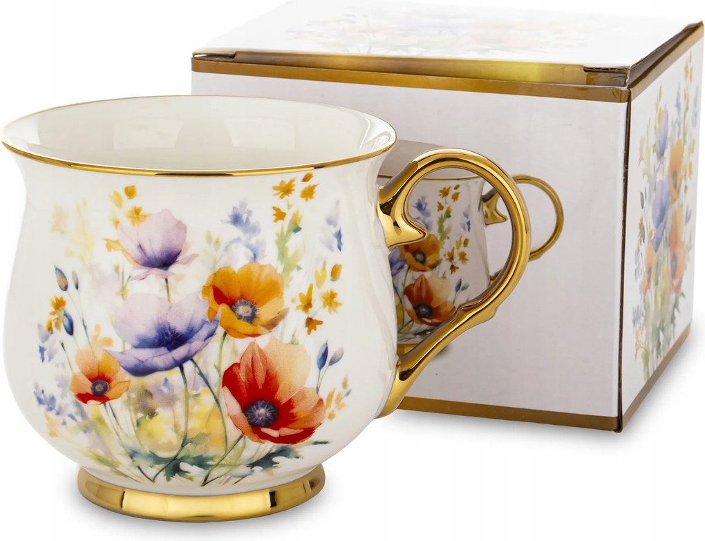 Porcelán bögre 450 ml Fehér Virágok Arany Elegáns Ajándék Doboz