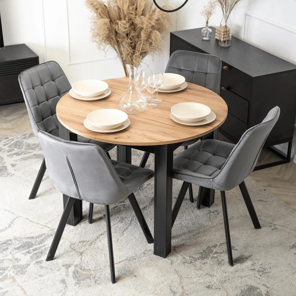 Étkezőszett HARRY asztal 102–142 cm craft tölgy/fekete + 4 RICK szék szürke