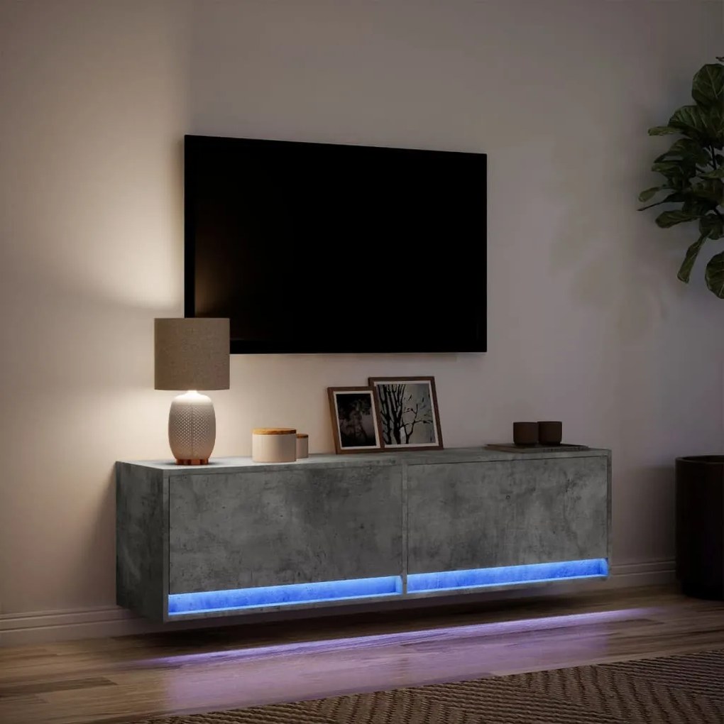 betonszürke falra szerelhető TV-szekrény LED-del 140x31x38 cm