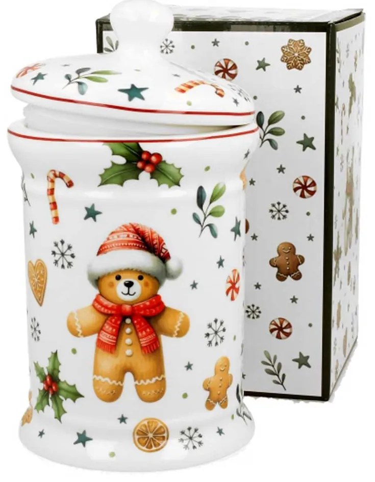 Karácsonyi porcelán keksztároló tetővel mézeskalács macis díszdobozban