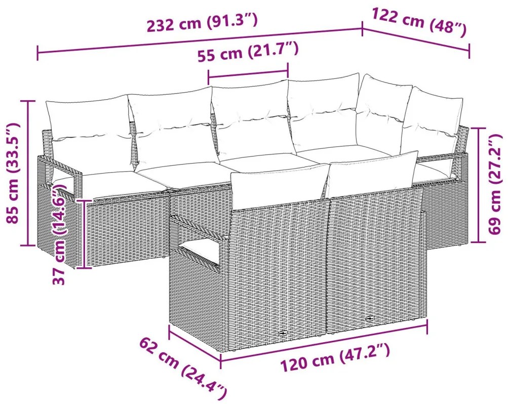 Kerti Kanapé Szett 7 pcs Barna Poli rattan