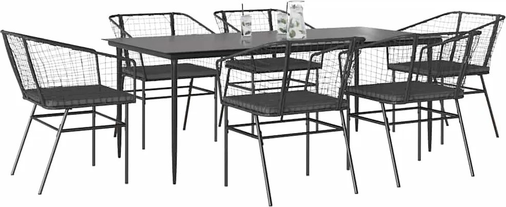 vidaXL 7 részes fekete polyrattan üveg kerti étkezőgarnitúra párnákkal