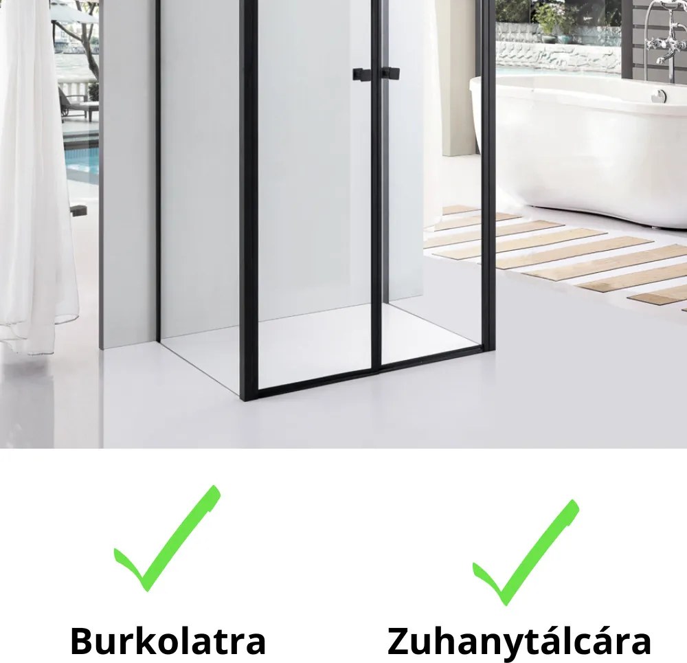 Stuxi Roma Black 100x100 falsíkra szerelhető 3 oldalú kétszárnyú nyílóajtós zuhanykabin 6 mm vízlepergető biztonsági üveggel, matt fekete elemekkel, 195 cm magas