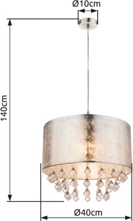 Globo 15188H3 Függeszték matt króm/textil antik- ezüst, akril dekor ø: 400, H:1500, exkl. 1xE27 60W 230V