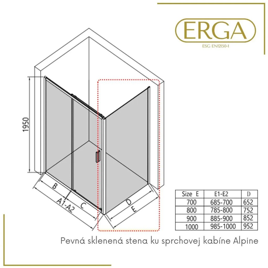 Erga Alpine, tömör fal zuhanyzóhoz 80x195 cm, 6mm átlátszó üveg, fekete profil, ERG-V02-ALPINE-G080-BK