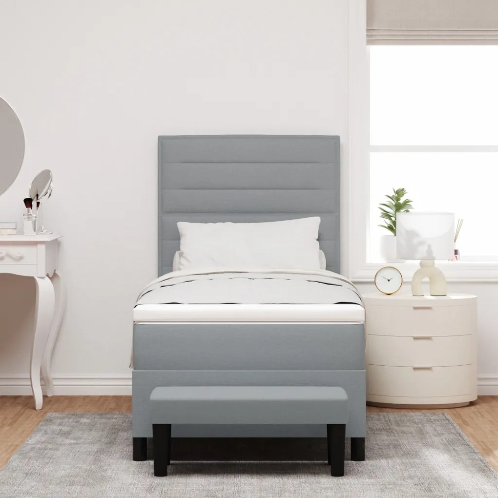 Boxspring ágy matraccal és pad light szürke 90 x 190 cm szövet