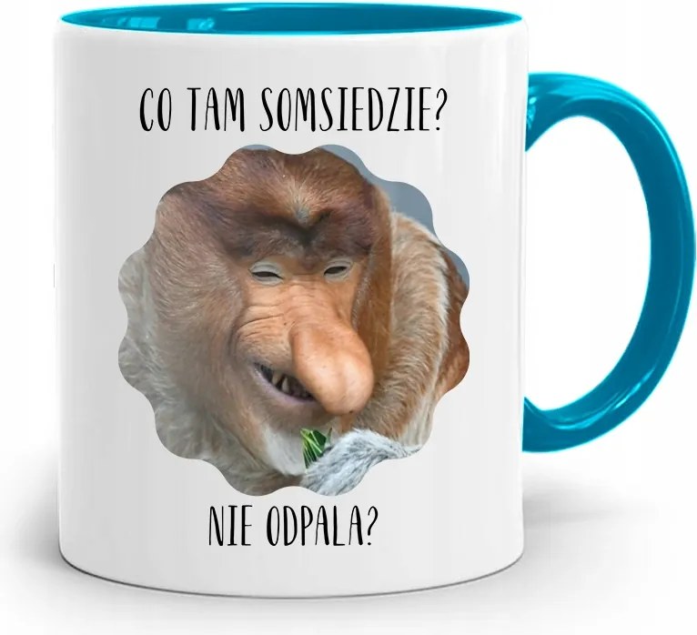 Kék Hordozós Bögre Janusz MI Van Somsiedzi? fényképes nyomattal