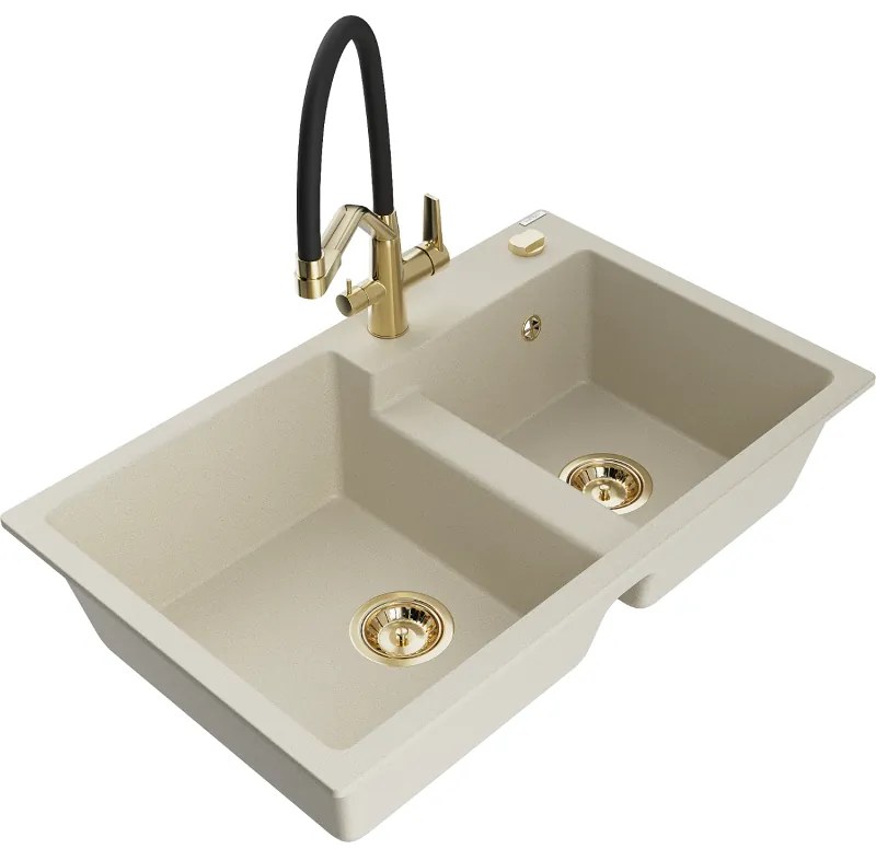 Mexen Tomas gránit kéttálcás mosogató Duo konyhai csapteleppel, bézs - 6516-69-671701-57-G