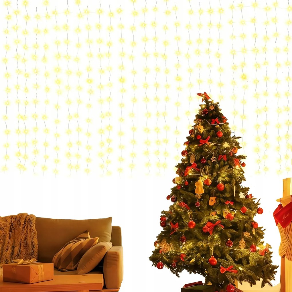 Fényfüggöny Drót Fényfüzér Fehér Meleg 300 Led 3x3 Méter