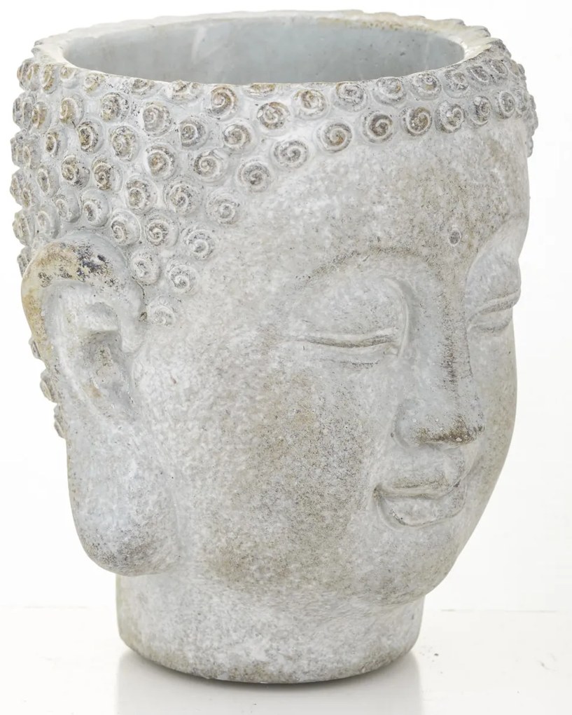 Cyrus design kerek buddha arcot ábrázoló szürke cement virágtartó váza 13,5x12x11cm
