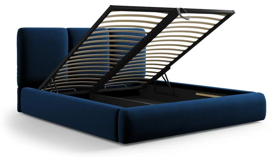 Sötétkék bársony kárpitozott ágyneműtartós franciaágy ágyráccsal 200x200 cm Brody – Mazzini Beds