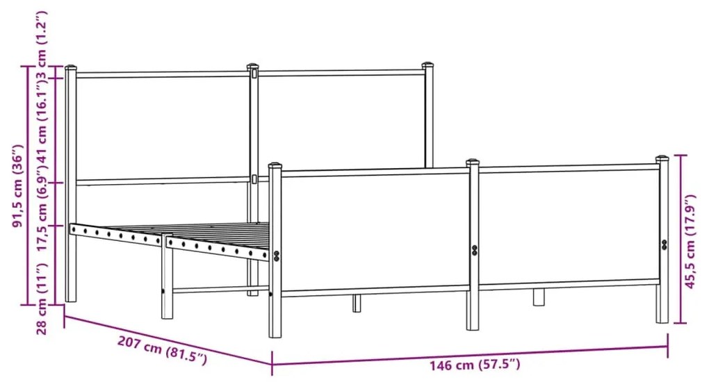 barna tölgy színű fém ágykeret matrac nélkül 140 x 200 cm