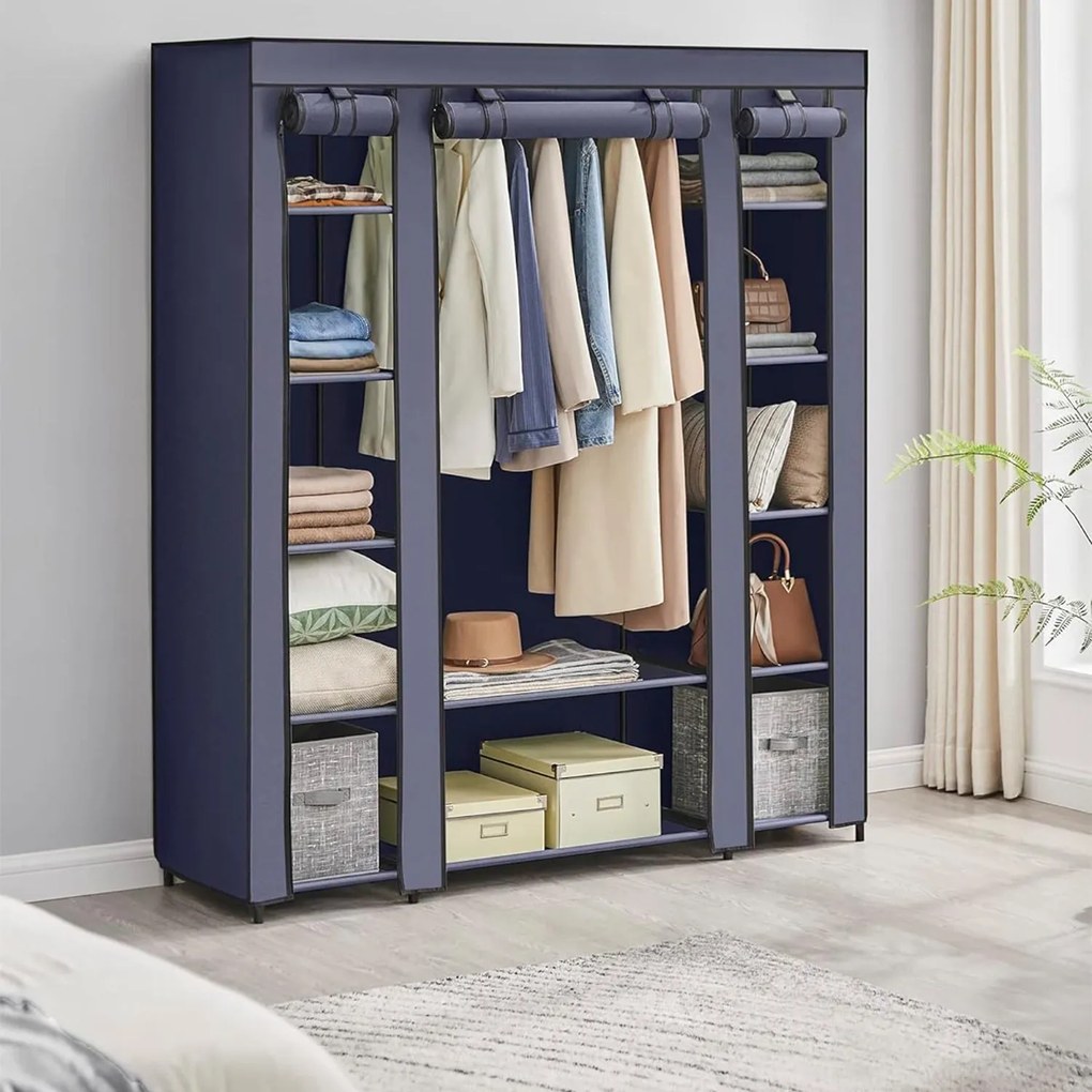 Szövet szekrény, összecsukható szekrény ruhatartóval, sötétkék