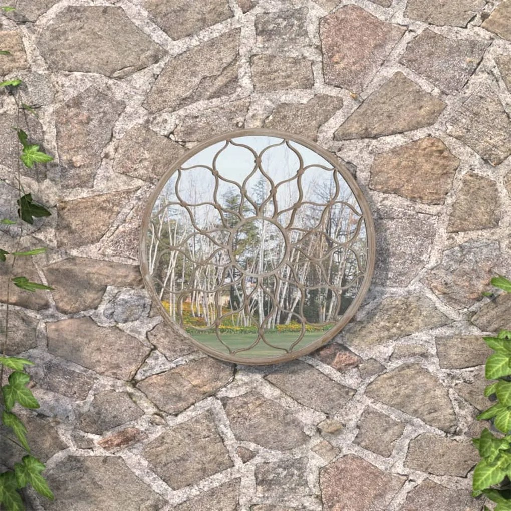 homokszínű kerek vas kerti tükör 60 x 3 cm kültéri használatra