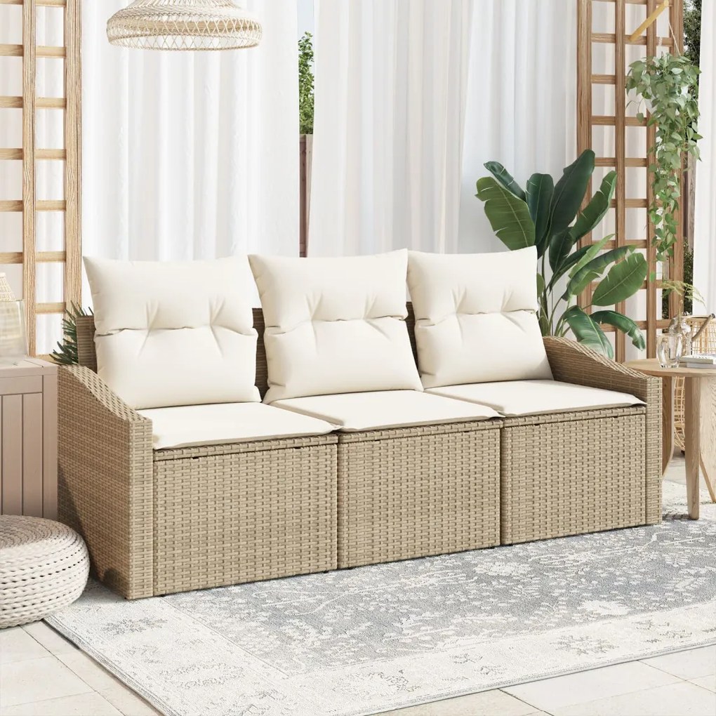 3 darabos Kerti Kanapé Szett Párnával Bézs Poly Rattan