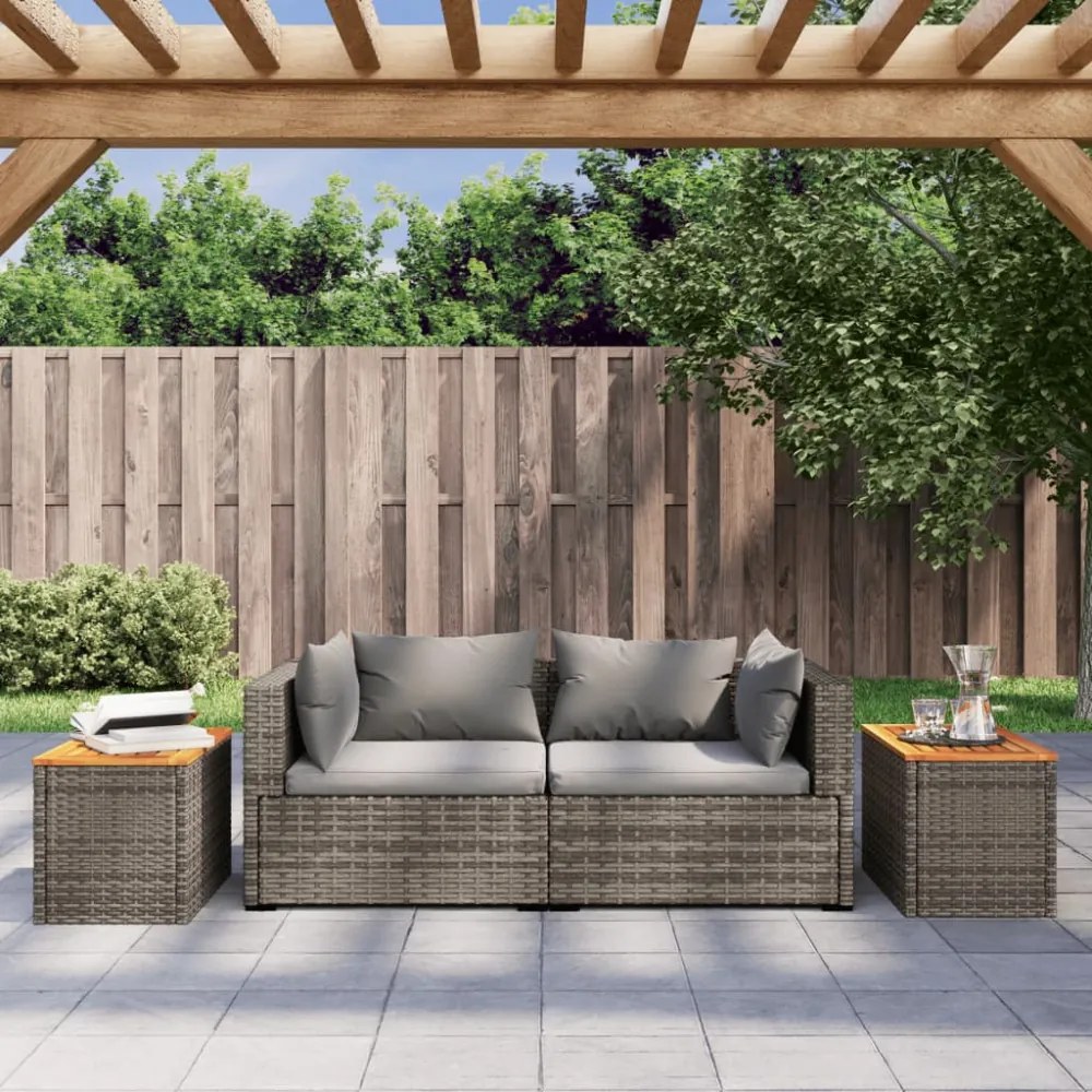 2 db szürke polyrattan és tömör fa kerti kisasztal 55x34x37 cm