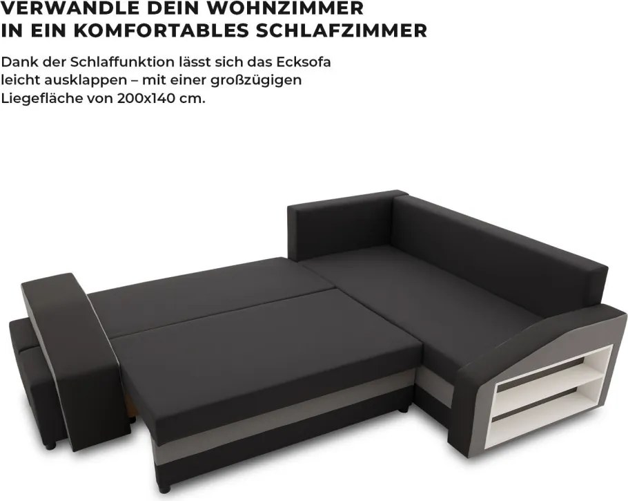 Grande sarokkanapé polcokkal és puffokkal , polc a jobb karfaban puffok a bal karfaban, jobboldali, szövet anyag, hab töltet, fekete - szürke