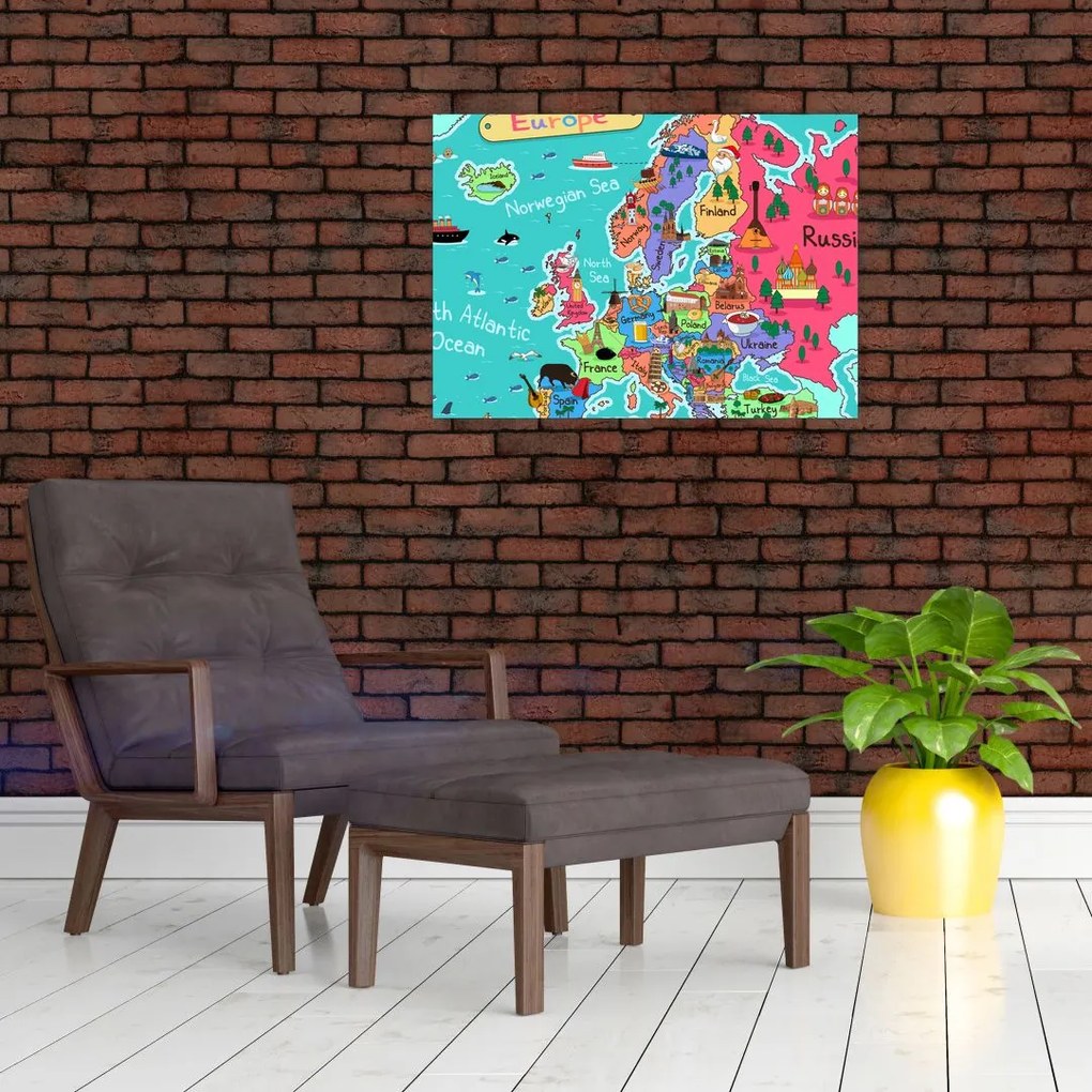 Kép - gyermek térkép Európa (üvegen) (70x50 cm)
