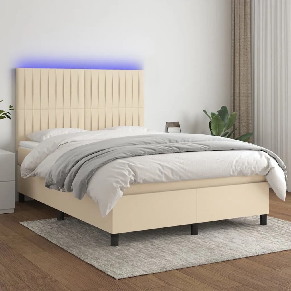 krémszínű szövet rugós és LED-es ágy matraccal 140x200 cm