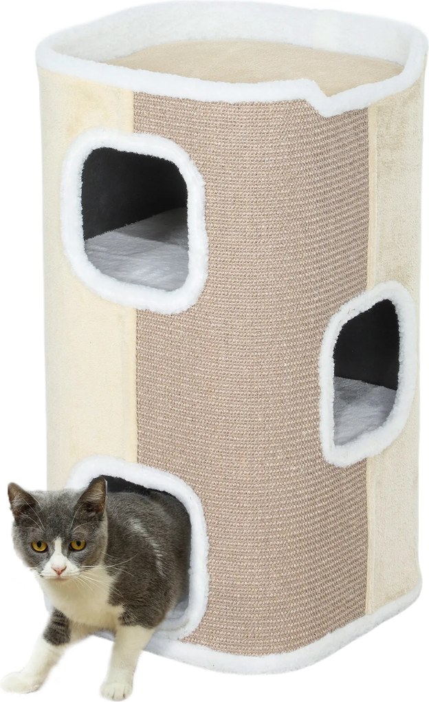 PawHut 74cm Magas Kaparóhenger Háromszintes Macska Henger Párnával és Plüss Peremmel, Macska Barlang, Macska Fa Kismacskáknak, Beige+Fehér | Aosom