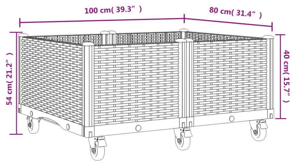 vidaXL fekete polipropilén rácsos kerekes ültetőláda 100 x 80 x 54 cm