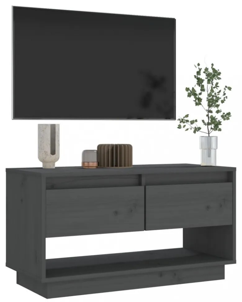 szürke tömör fenyőfa TV-szekrény 74x34x40 cm