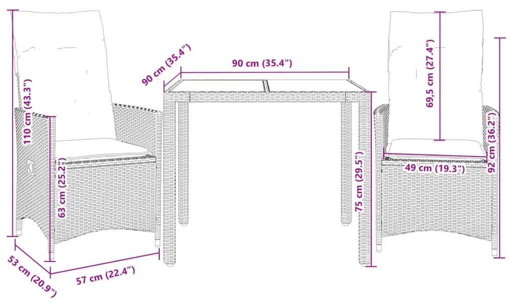 3 részes fekete polyrattan és akácfa bisztrószett párnákkal
