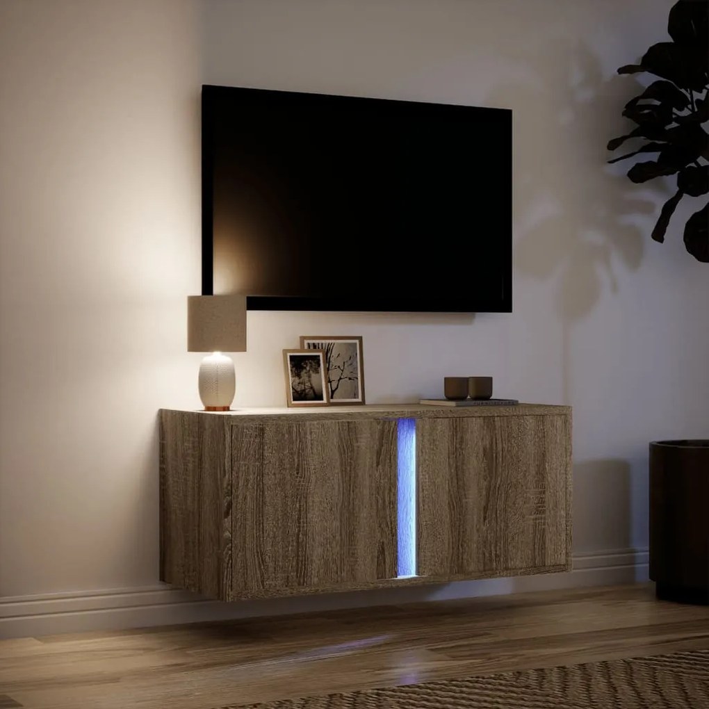 sonoma tölgy színű fali TV-szekrény LED-ekkel 80x31x35 cm