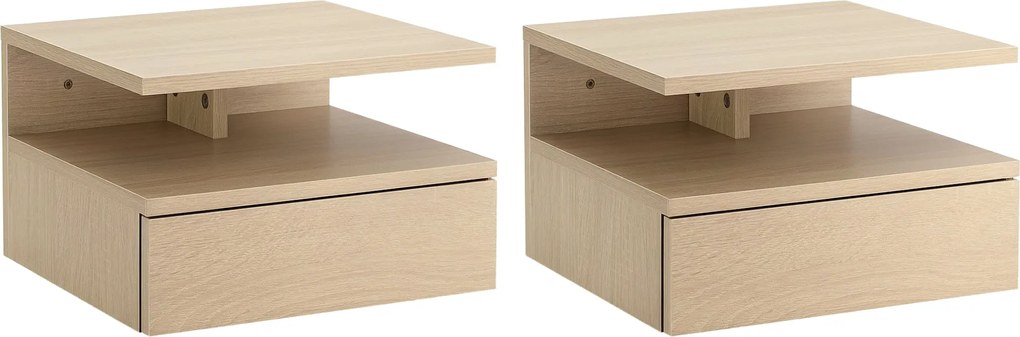 HOMCOM 2 db F Floating Ágytáblák Fali Éjjeli Széktartó 1 Fiókkal és Nyitott Polccal a Hálószobához 35x32x22.5 cm Tölgy | Aosom