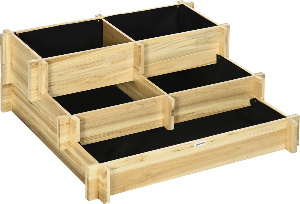 Outsunny Emelt Kerti Ágyás Fa, 3-Szintes Ültető Ágy, Hidegkeret Textil Béleléssel, Virágágyás Zöldségágy 93x93x35cm Erkélyre, Kertbe, Virágok, Zöldség