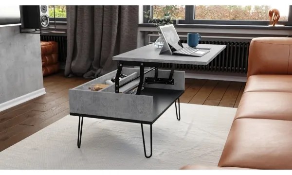 HALIJA dohányzóasztal emelhető asztallappal és polccal, szürke beton/fekete
