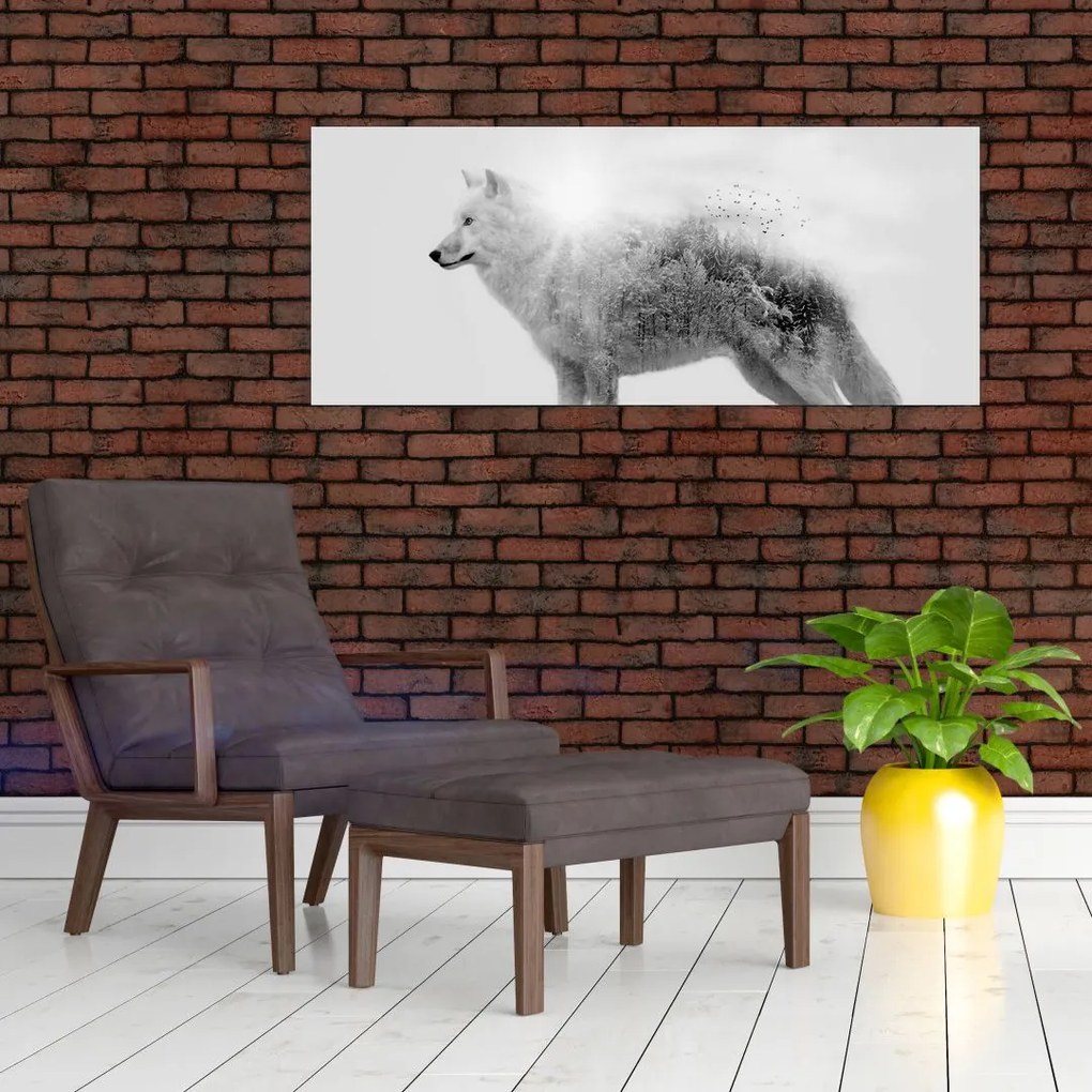 Kép - Vad tájat tükröző sarkvidéki farkas, fekete-fehér (120x50 cm)