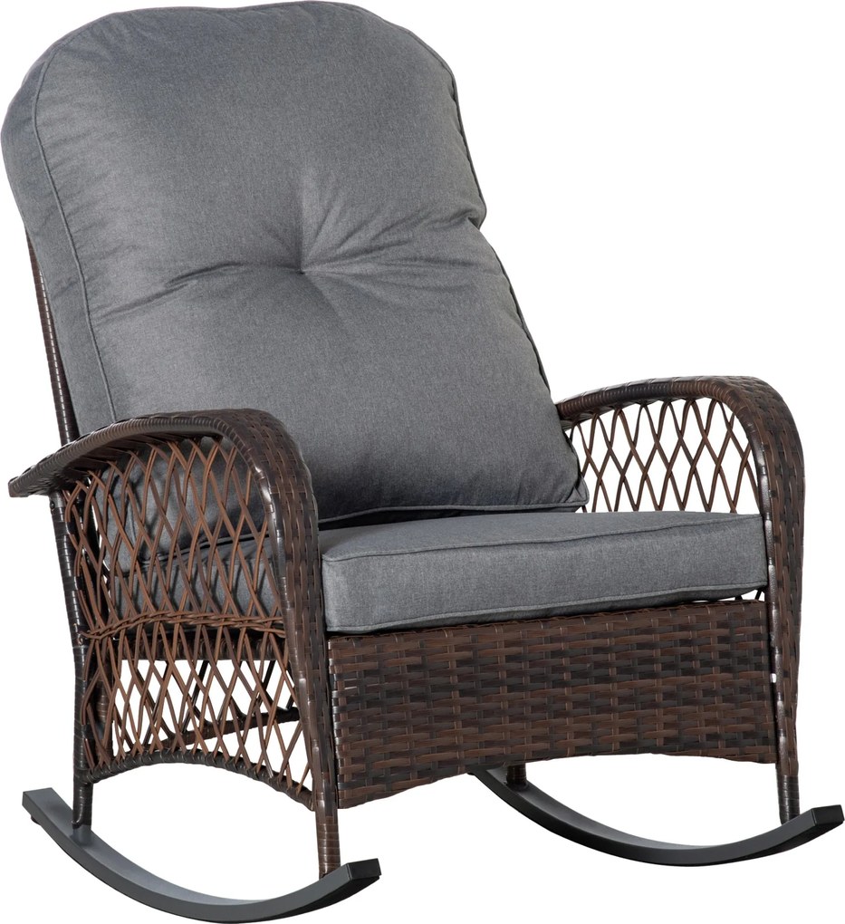 Outsunny Polyrattan Ringató Szék Pihentető Karosszék Kert Szék Párnákkal Lounge Bútor Barna 75 x 98 x 91 cm | Aosom