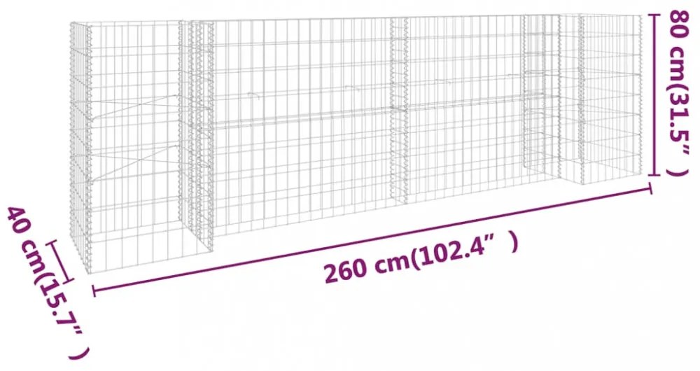H alakú acéldrót virágtartó gabion 260 x 40 x 80 cm
