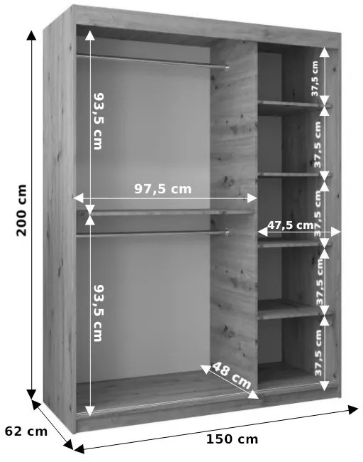 Ruhásszekrény 150 cm Eclipse (matt fehér + matt fekete). 1063400