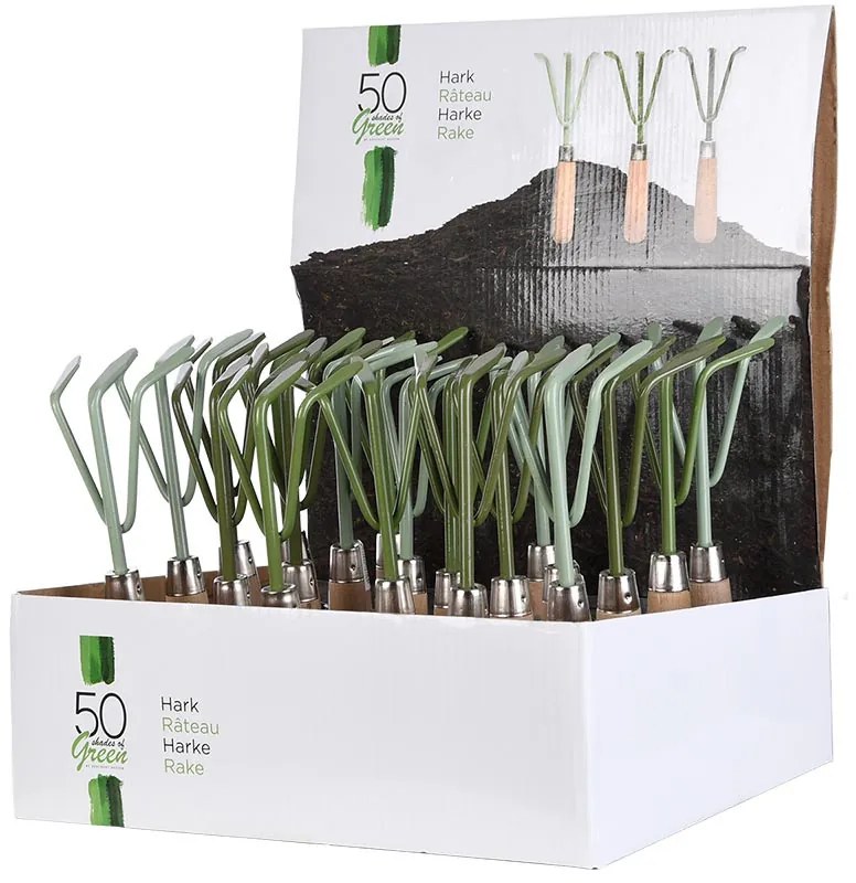 Fém kézi gereblye fa nyéllel, fűzöld