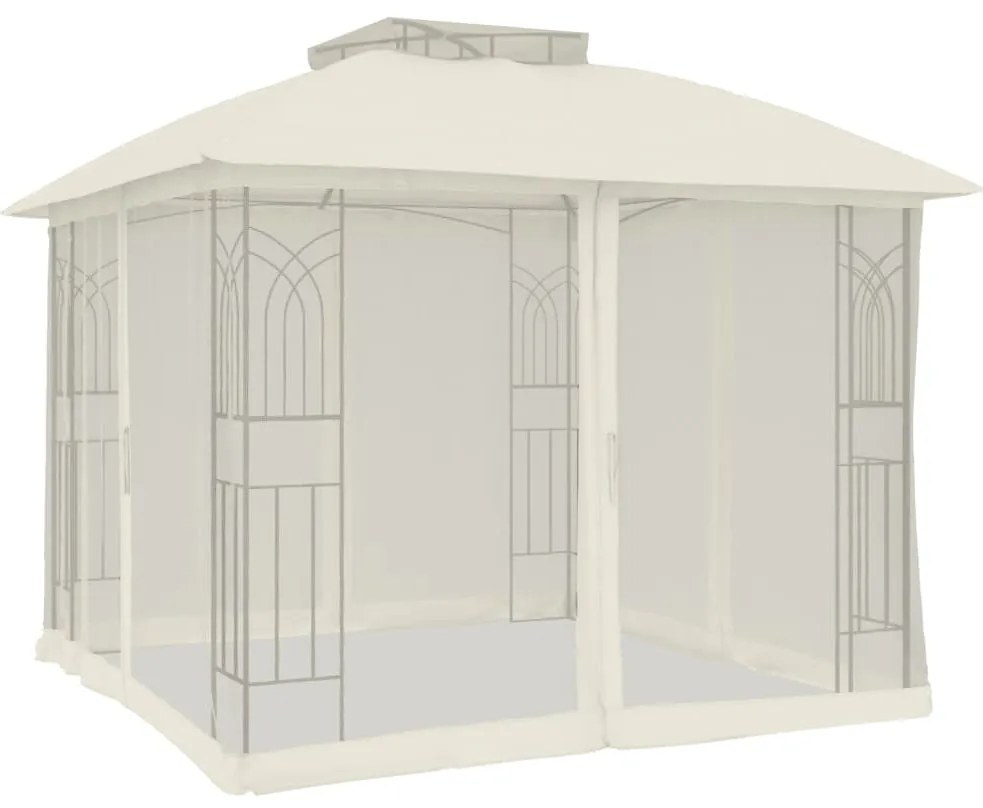 krémszínű acél dupla tetős pavilon hálós falakkal 2,94 x 2,94 m