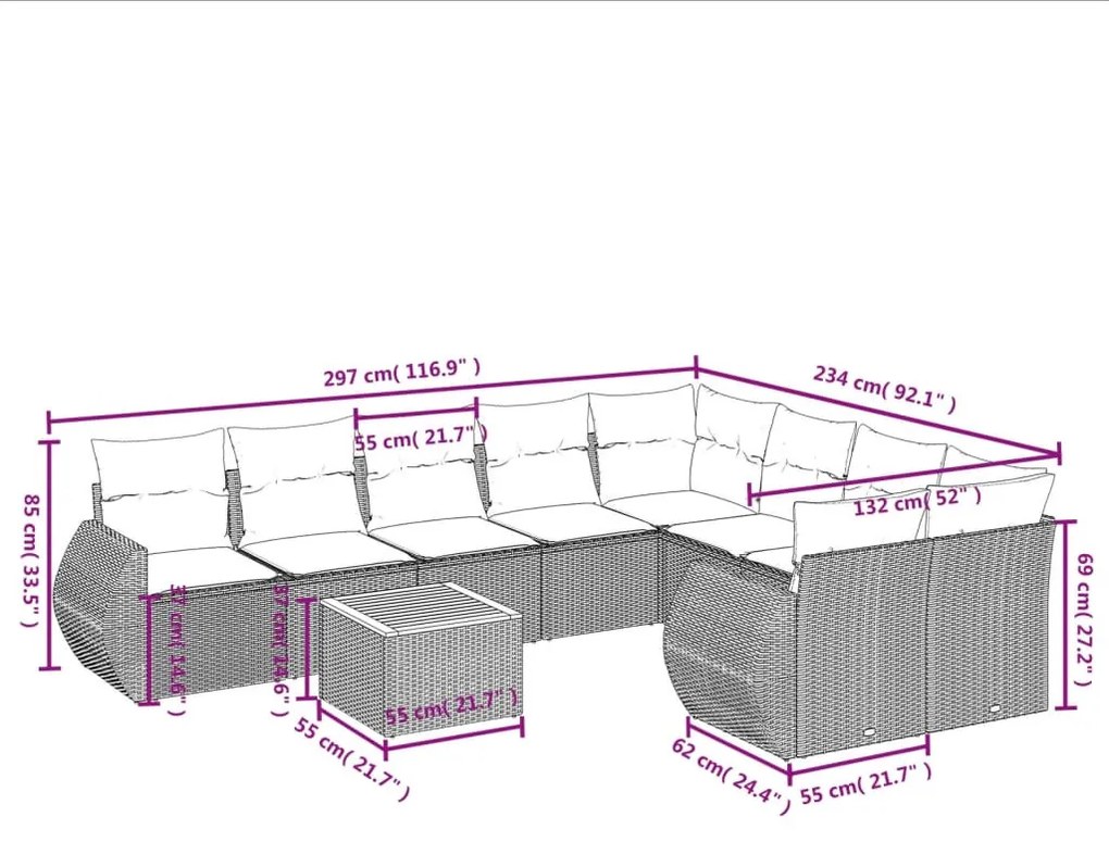 10 részes bézs polyrattan kerti ülőgarnitúra párnával