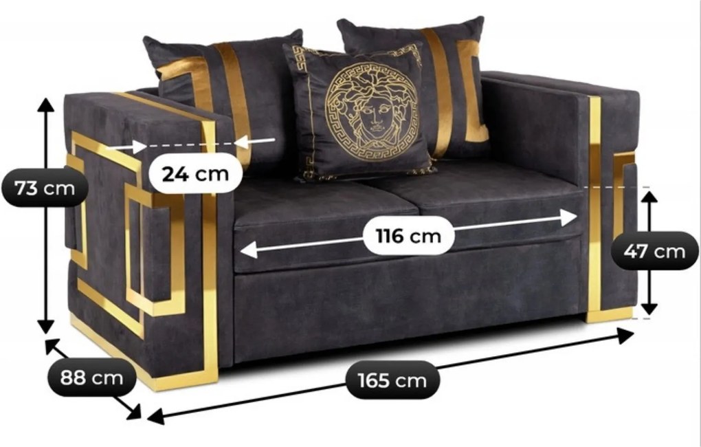 Kétszemélyes kanapé fekete/arany színben PALLAZO 2S